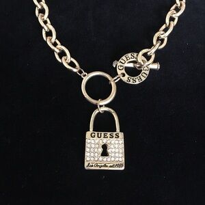 Vintage GUESS Bling Rhinestone Locket Toggle Chain Necklace